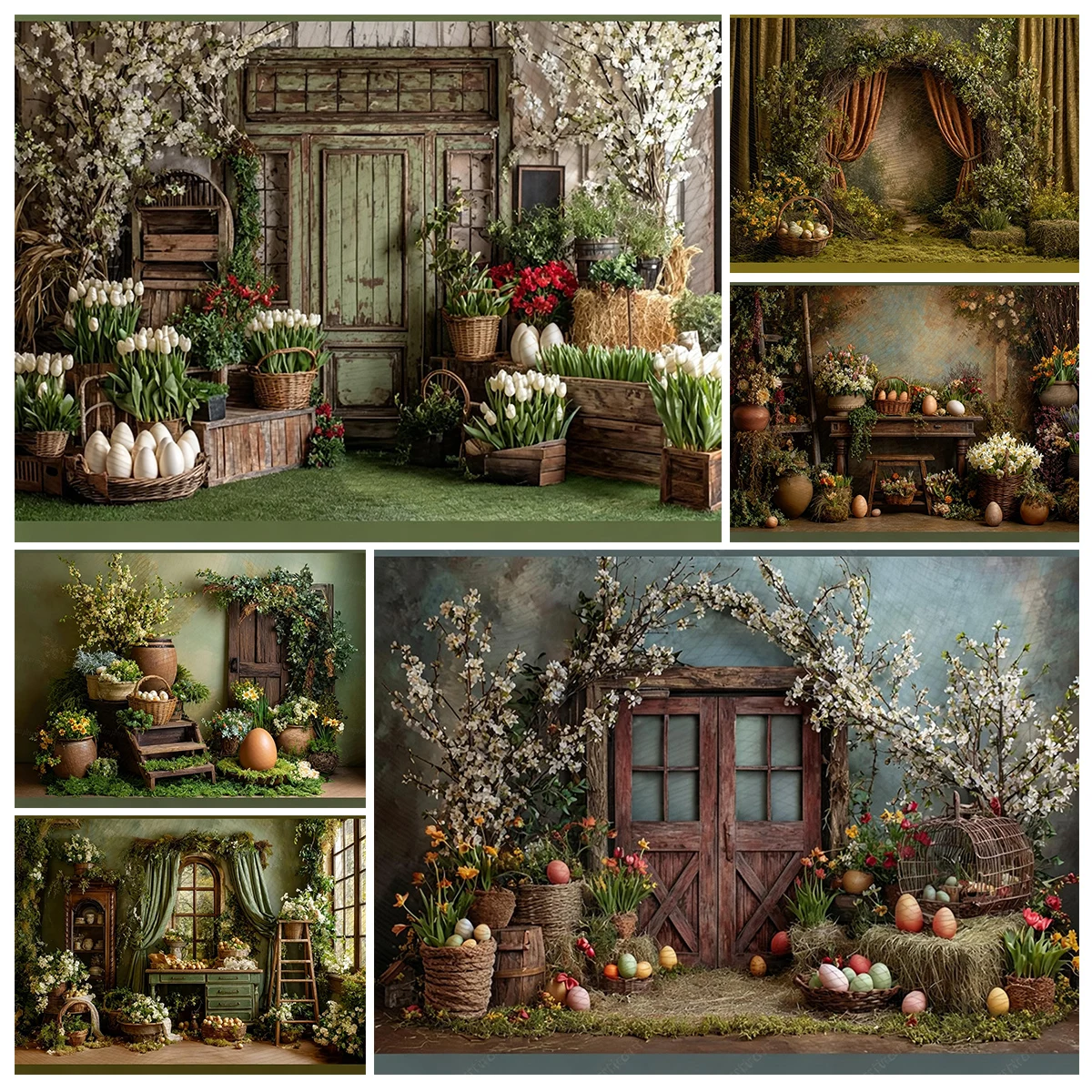 Easter Egg and Spring Floral Backdrop Kids Baby Cake Smash Photography Props Child Adult Birthday Photocall Backgrounds