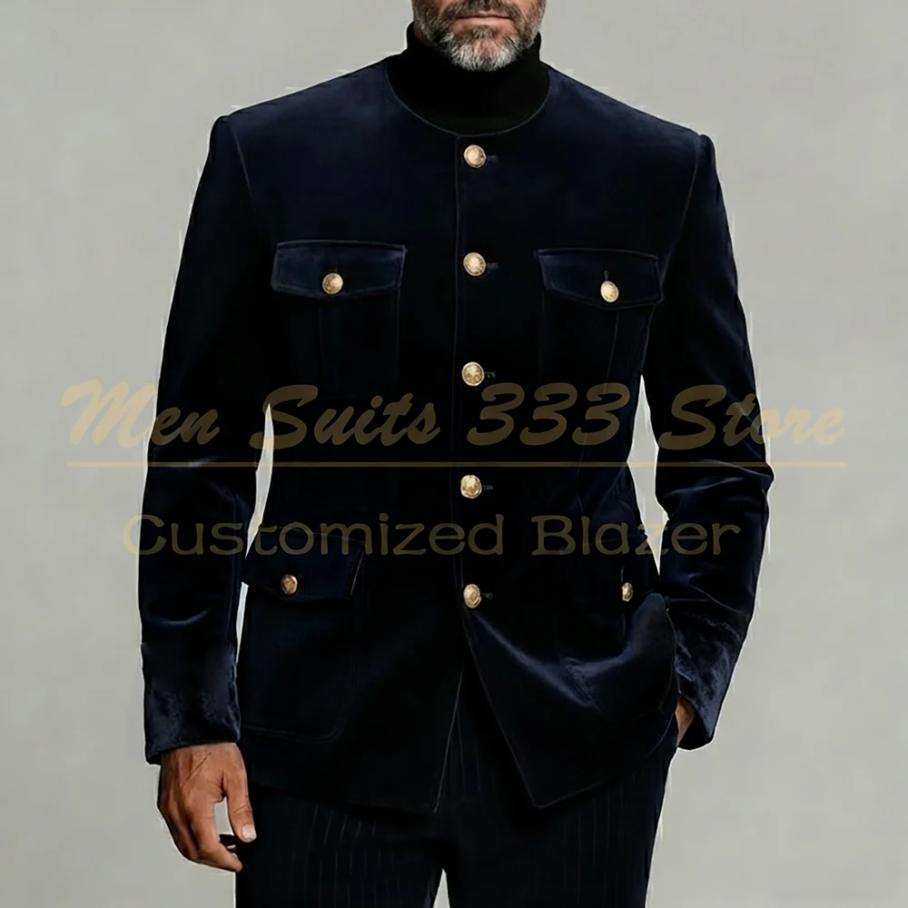 

Облегающие мужские костюмы, элегантные темно-синие бархатные однобортные однобортные куртки без воротника, брюки, роскошные элегантные повседневные наряды