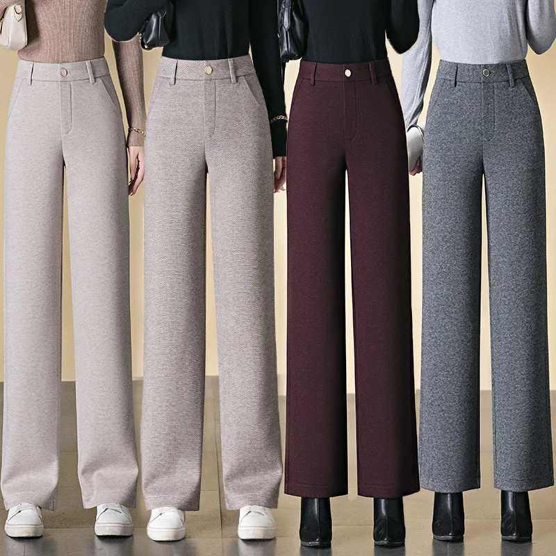 Winter Wool Wide Leg Pants for Women, Thickened, Warm, High Waisted, Slimming Straight Leg Pants with Pockets, Office Work Pants