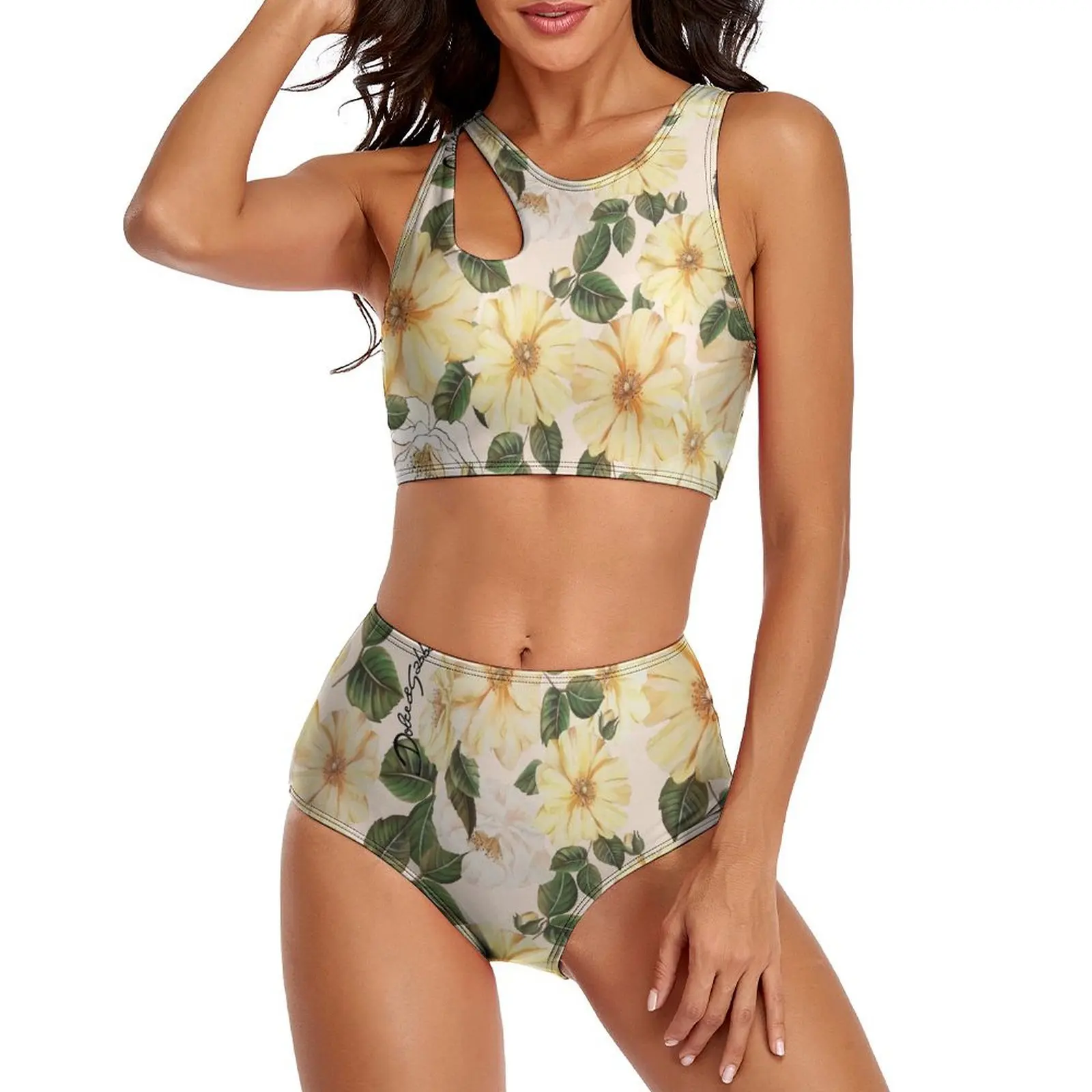 

Sexy Yellow Flower Print Bikini Swimsuit Green Leaf Stylish Swimwear High Waist Graphic Bikinis Set Push Up Swimsuits