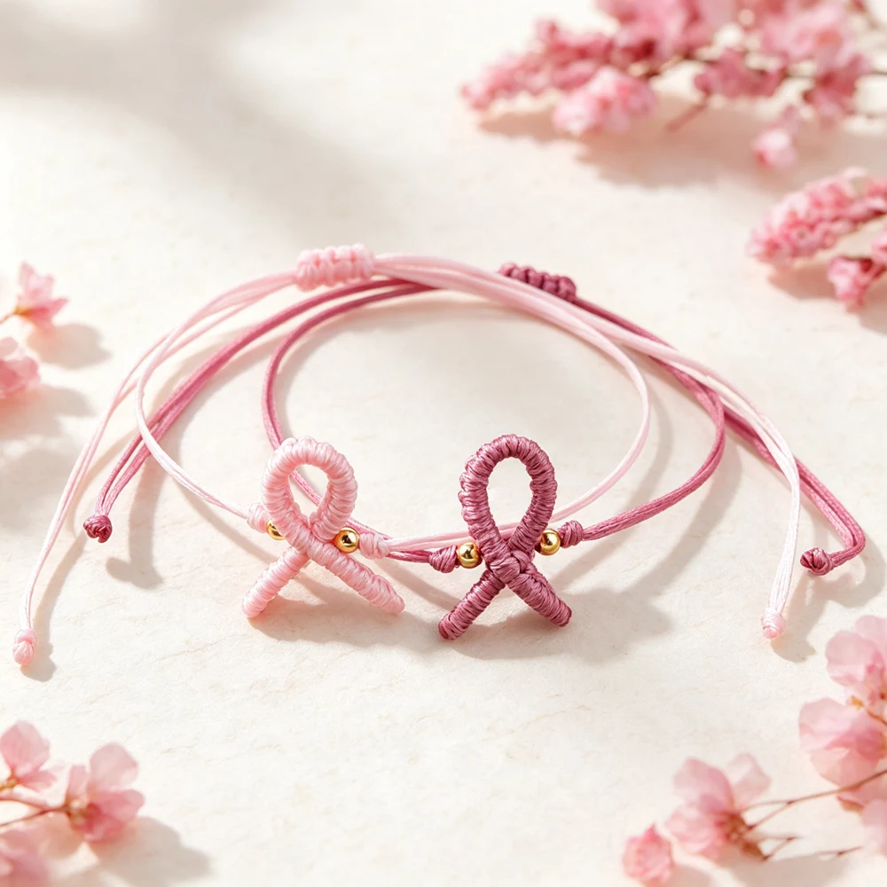 Pink Ribbon Awareness Bracelet Women Handmade Braided Wax String Adjustable Bracelet Breast Cancer Support Jewelry Hope Gift