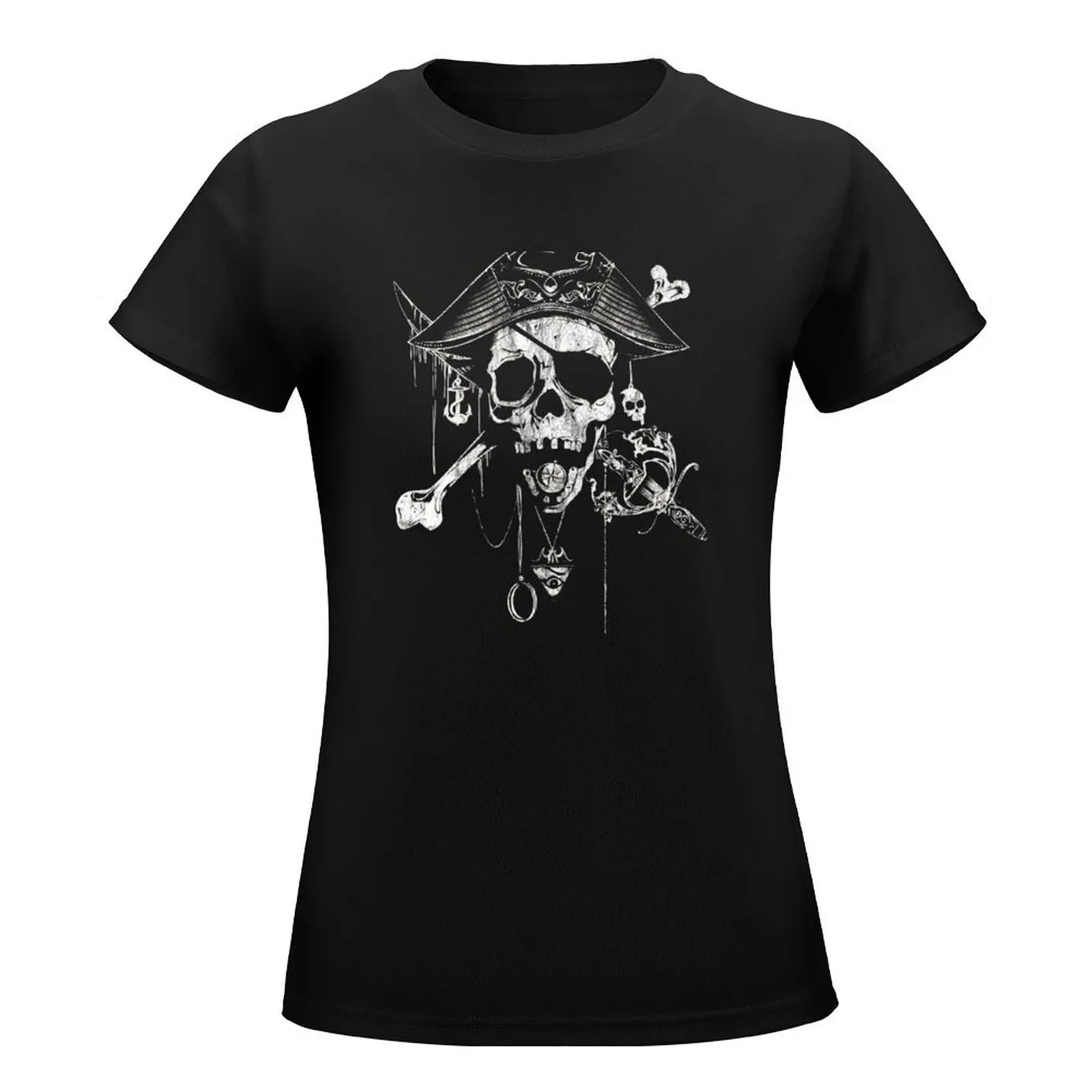 Pirate Skull Sword and Bones Jolly Roger Distressed T-Shirt aesthetic clothes tops cute clothes Women t-shirts