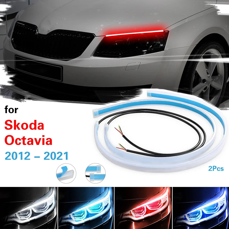 

2pcs LED DRL Car Daytime Running Light Strip Auto Headlights White Turn Signal Yellow Lights 12V For Skoda Octavia 2012-2021