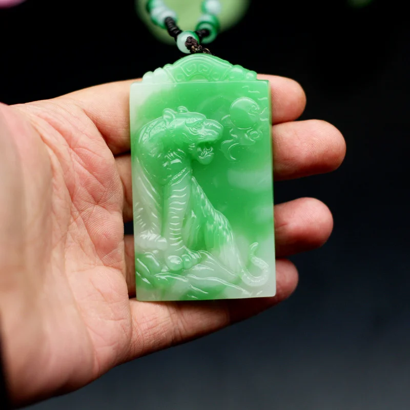 Zodiac Tiger Green White Jade Pendant Necklace Chinese Hand-Carved Fashion Charm Jewelry Accessories Amulet Gifts for Women Men