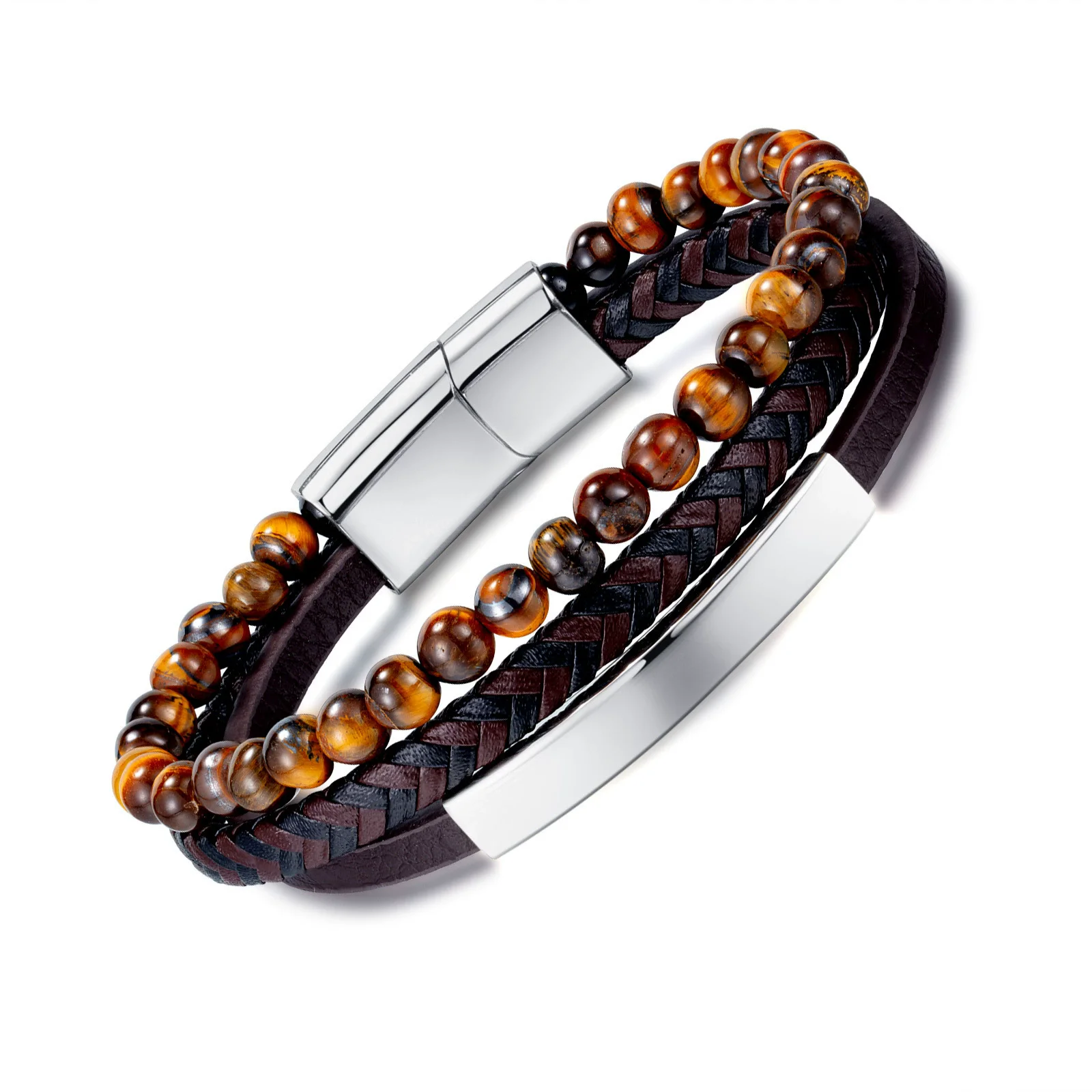 

Street Tiger Eye beaded stone Bracelet Men's stainless steel personality vintage multi-layer woven leather bracelet