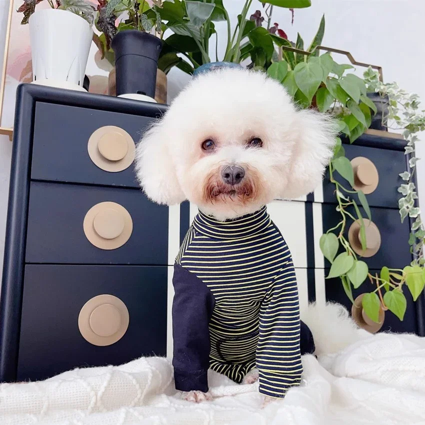 Retro Simple Splicing Color Pet Dog Clothes Fashion Stripe Cotton Thin Jumpsuits Hoody For Small Medium Dog Poodle Puppy Outfits