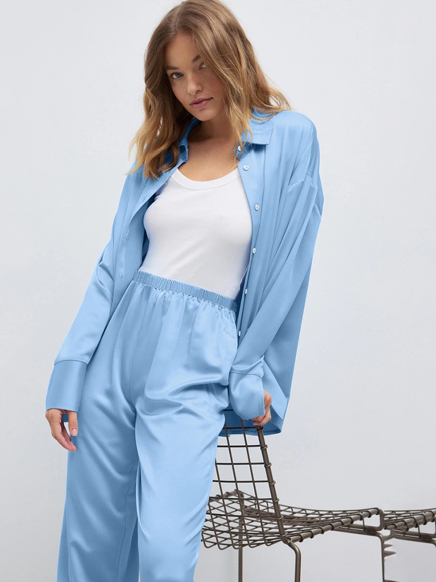 Marthaqiqi Winter Women Home Clothes Long Sleeve Sleepwear Turn-Down Collar Nightwear Wide Leg Pants Loose Nightie 2 Piece Set