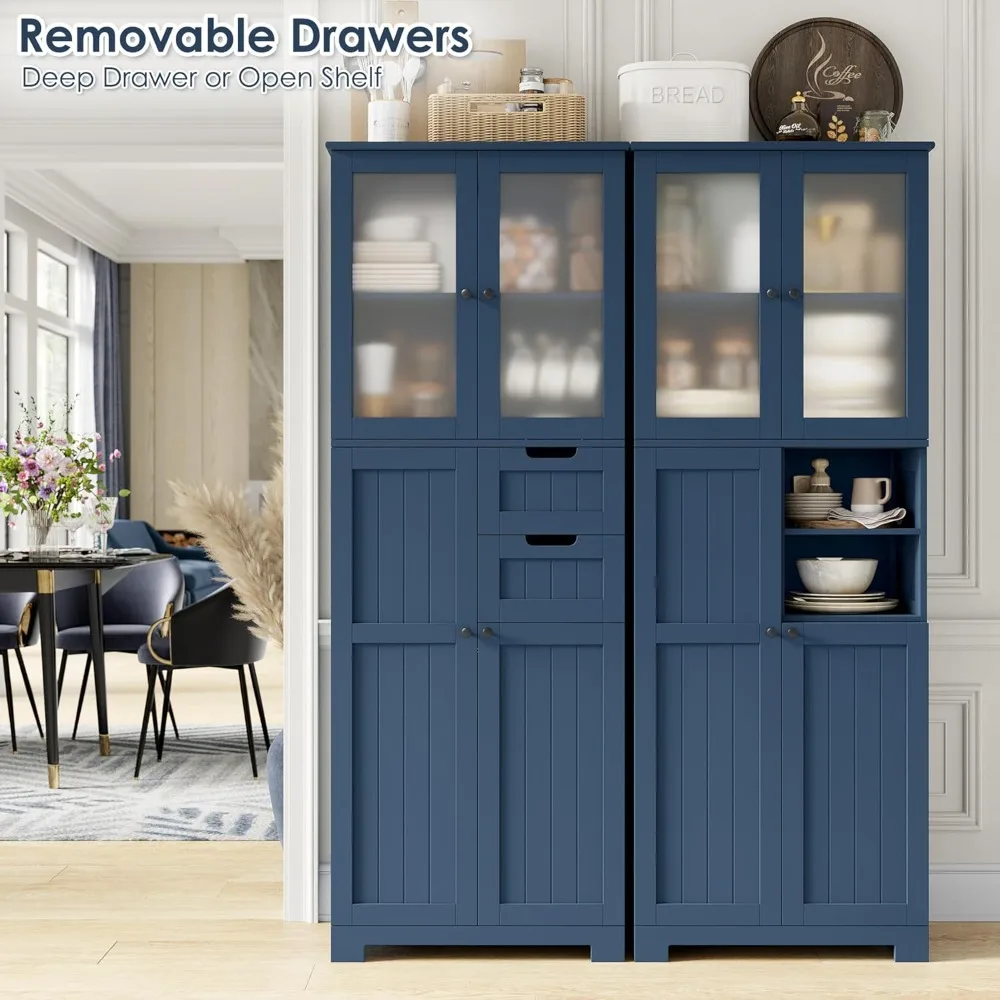 خزانة حمام بطول 67 بوصة مع أبواب زجاجية وأرفف قابلة للتعديل، وخزانة من الكتان ومخزن المطبخ مع درجين