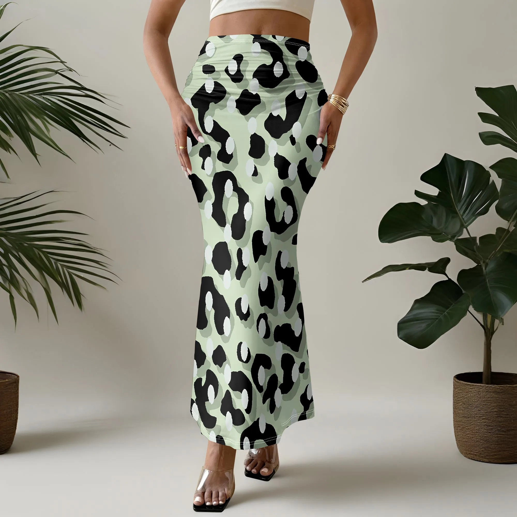 Green Leopard Mermaid Skirt, Animal Print Maxi Skirt, Ruched Waist Long Skirt, Party Clubwear for Women, S-2XL