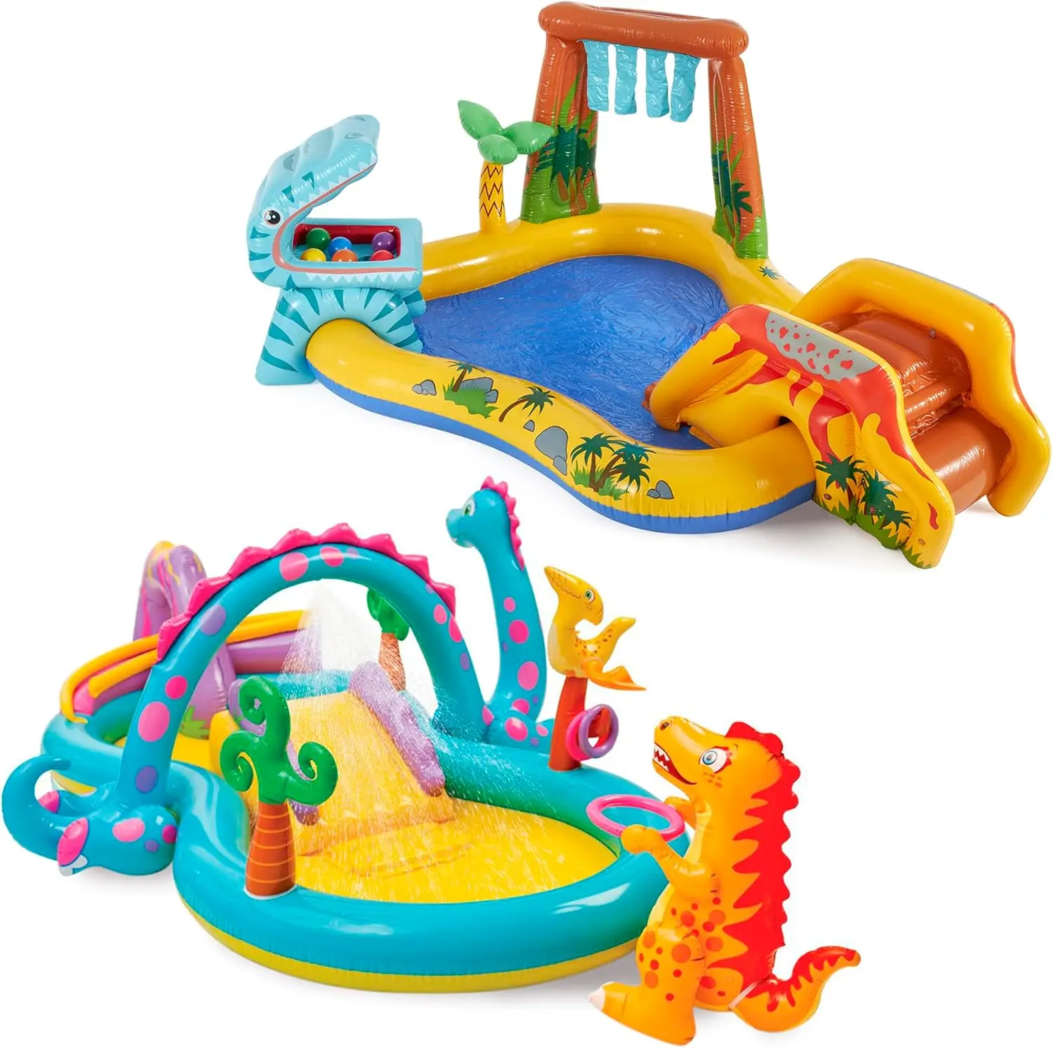 

Dinoland Play Center Kiddie Inflatable Pool and Dinosaur Water Splash Swimming Pool with Water Sprayers, Waterfalls, Slides, and