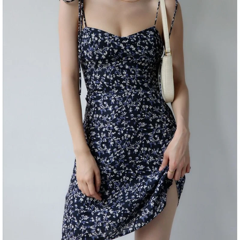 

Women Slip Floral Tie-Strap Mini Dress Lady Fashion Blue Floral Print Slim Fit Dress Female Summer Vintage Beach Dress
