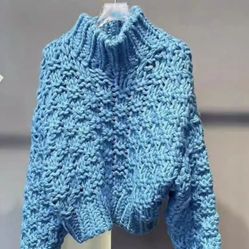 ハイカラージャンパーブルーニットセーター女性秋冬新ソリッドソフトカジュアル女性プルオーバーファッション Y2k 服