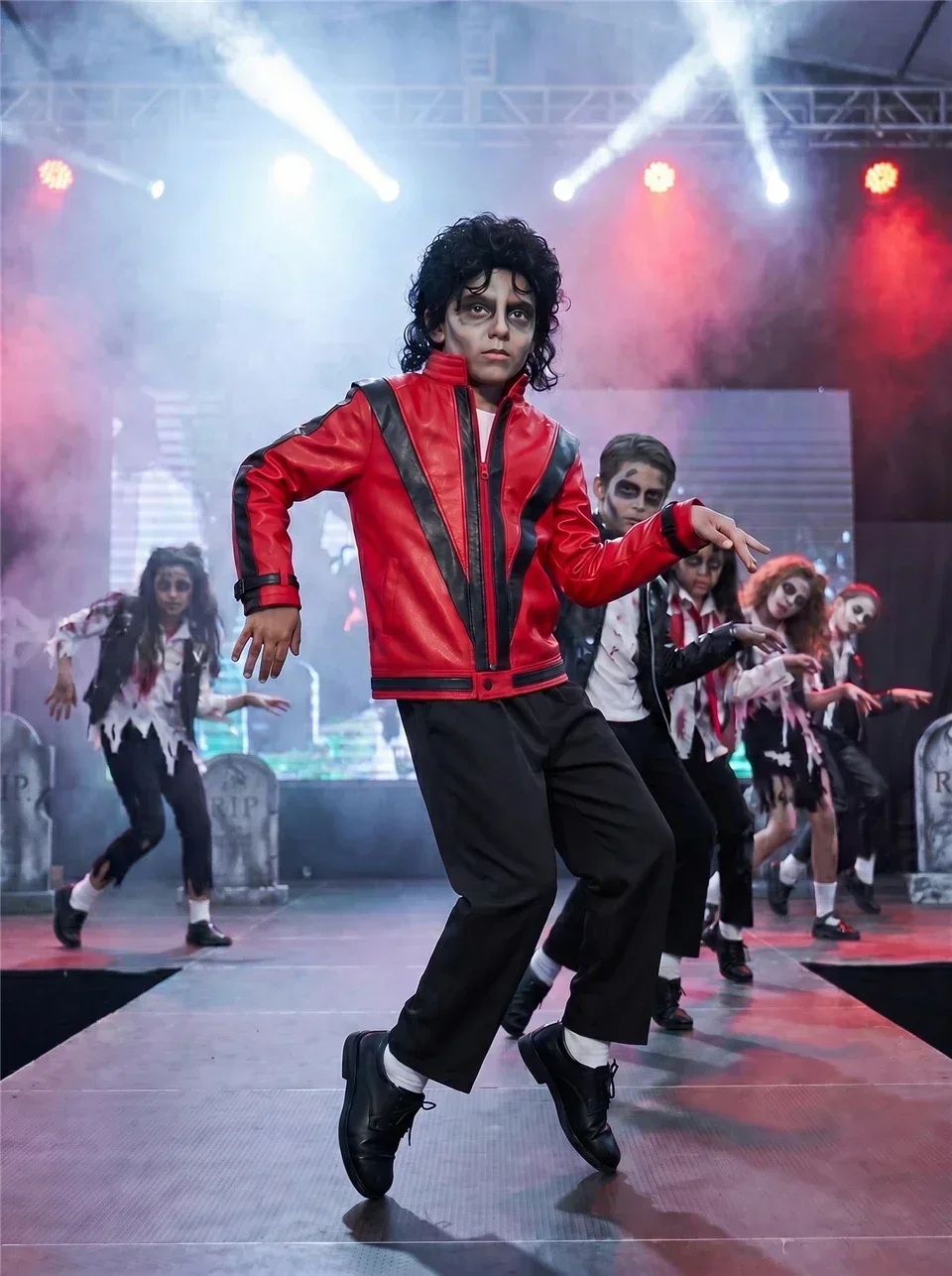 Boys Michael Red Leather Jacket Pant Set Jackson Halloween Scary Night 80s Vintage Pop Singer Thriller Party Performance Costume view 6