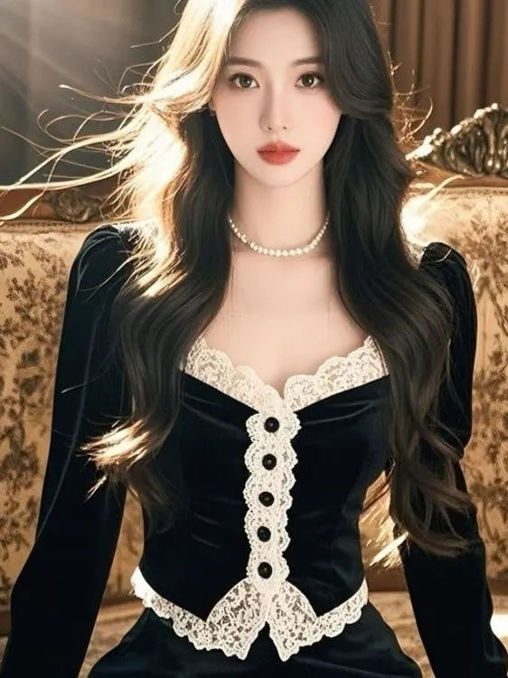 

Bla Velvet Long Sve irt для женщин, новинка 2023 года, осень-зима, дизайн высокого уровня, уникальный маленький топ, корейский облегающий кружевной топ...