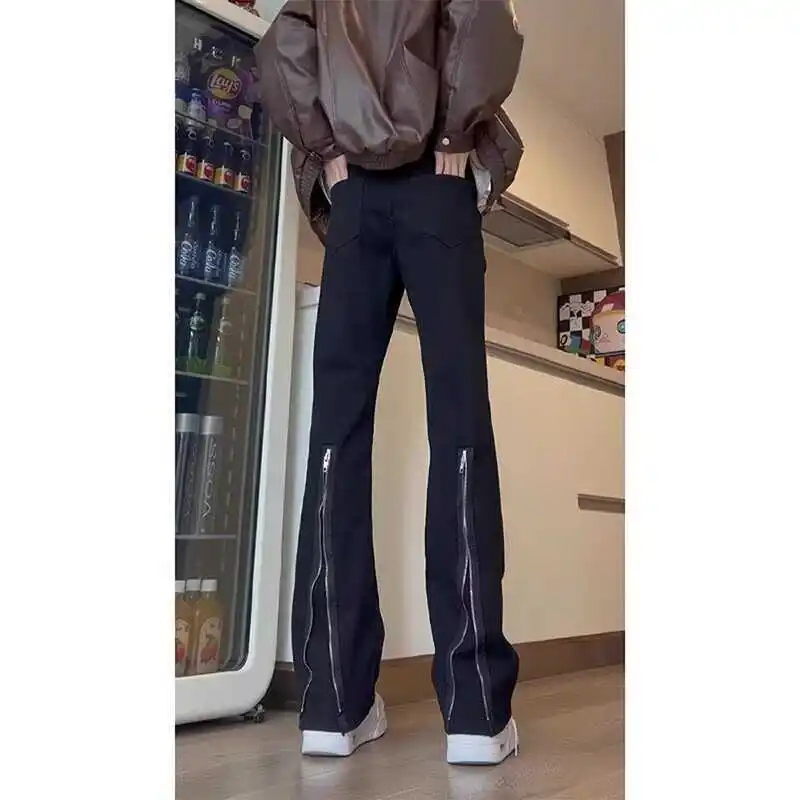 

American High Street Vibe Men's Zipper Slit Jeans Spring Slim Straight Leg Micro Flared Pants Youthful Wear Resistant