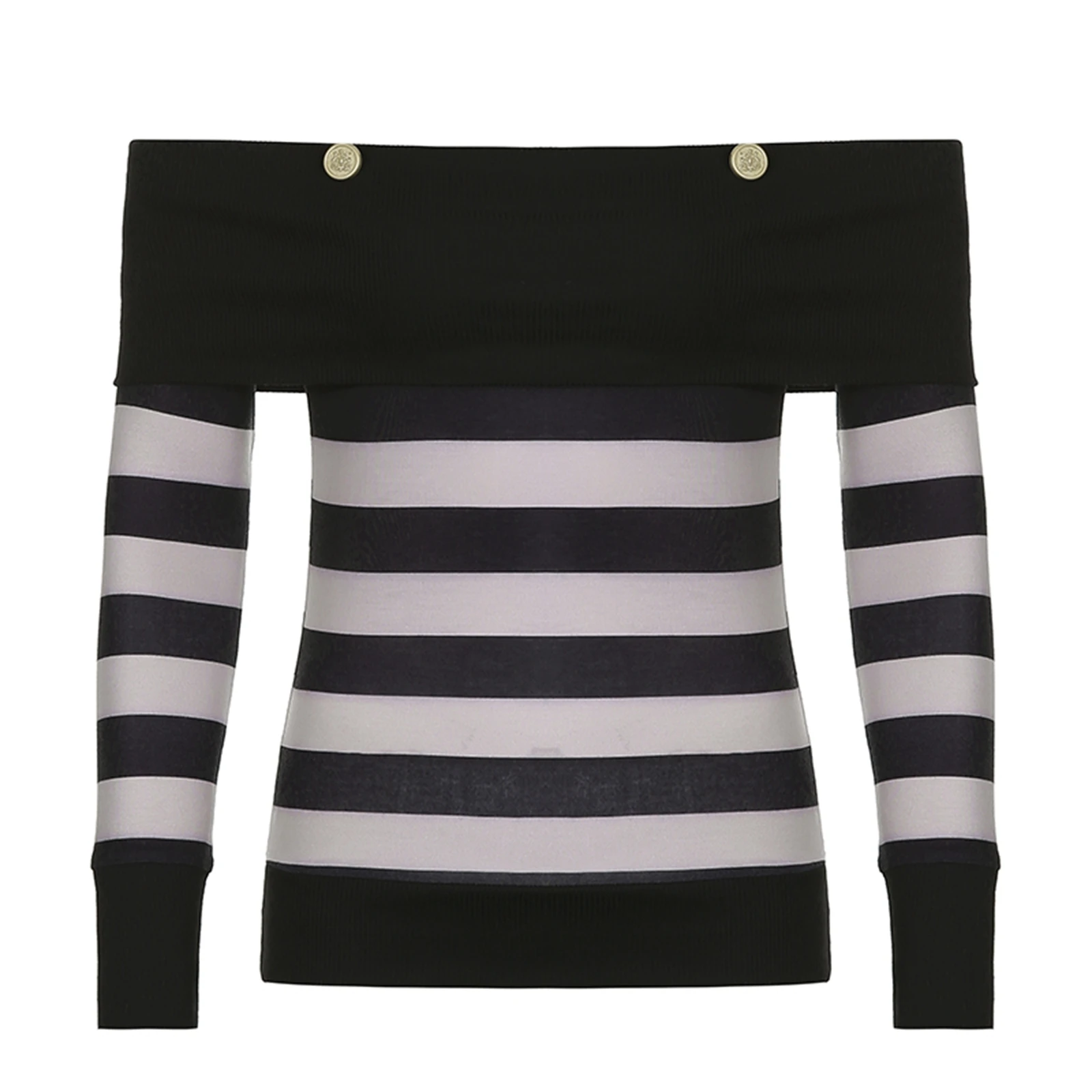 Women Casual Knitted Tops Boat Neck Long Sleeve Striped Pullover for Spring Autumn, Black image 2