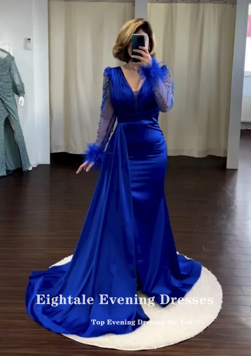 Eightale Royal Blue Evening Dress for Wedding Party V-Neck Satin Beaded Long Sleeves Arabic Dubai Prom Gowns Feather Celebrity