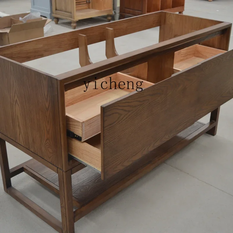 

American solid wood bathroom cabinet combination floor rock slab ceramic integrated basin toilet washstand