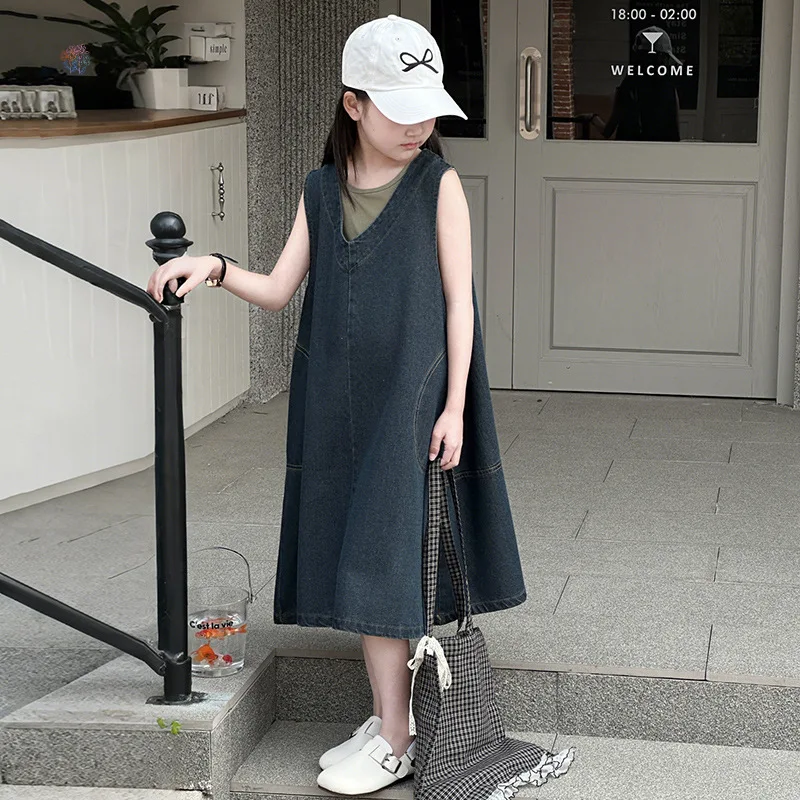 Sommer-Denim-Hosenträgerkleid für Mädchen, 2025, neuer Frühling und Sommer, Kinder-Sommer-Tank-Top-Kleid, einfach und vielseitig
