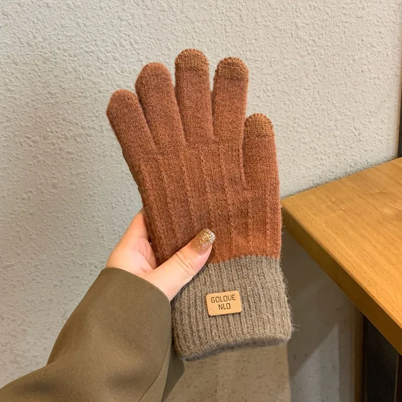 1 Pair Autumn Winter Thicken Warm Gloves Women Touch Screen Knitted Gloves Adult Imitation Thickened Knitted Cute Student Cotton