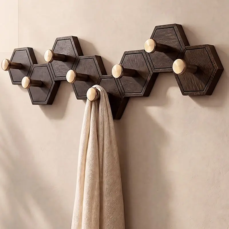 Hexagonal Wall Mounted Coat Hooks, Dark Wood Grain with Gold Knobs, Decorative Wall Hook Rack for Hats, Towels, Bags, Keys,