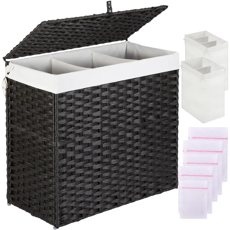 Laundry Hamper with Lid, 125L Large Clothes Hamper with 3 Section & 2 Section Removable Liner Bags & 5 Mesh Laundry