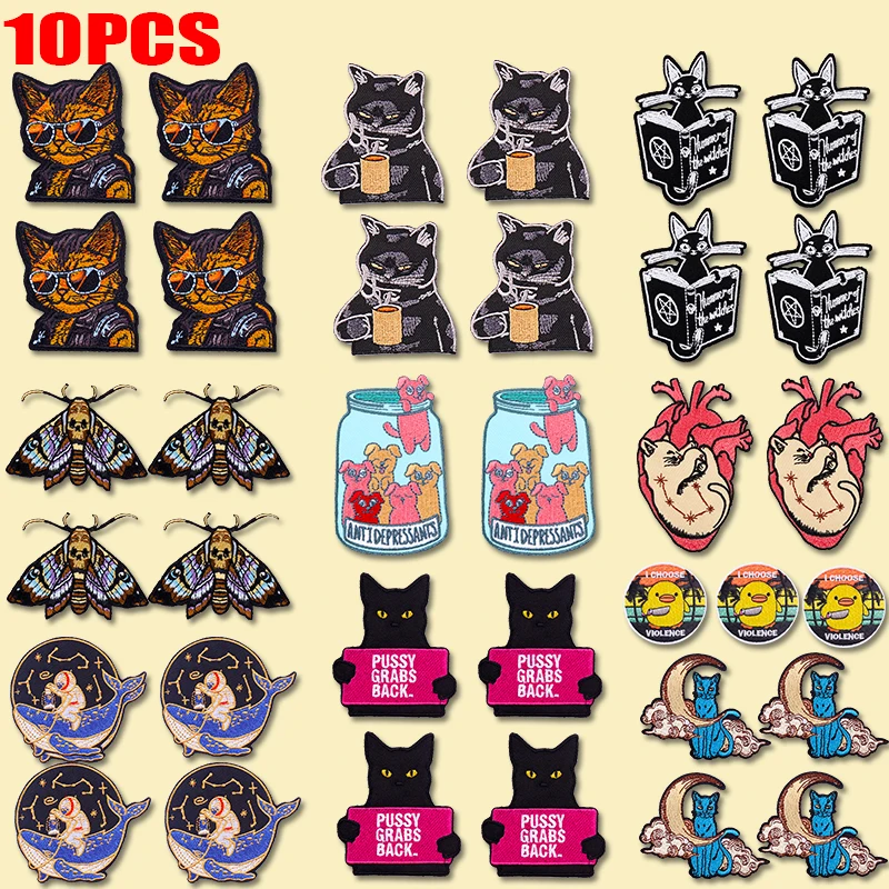 10PCS Animal Cat Butterfly Patch Embroidered Patches Iron On Patches For Clothing Thermoadhesive Patches Space Astronaut Patch