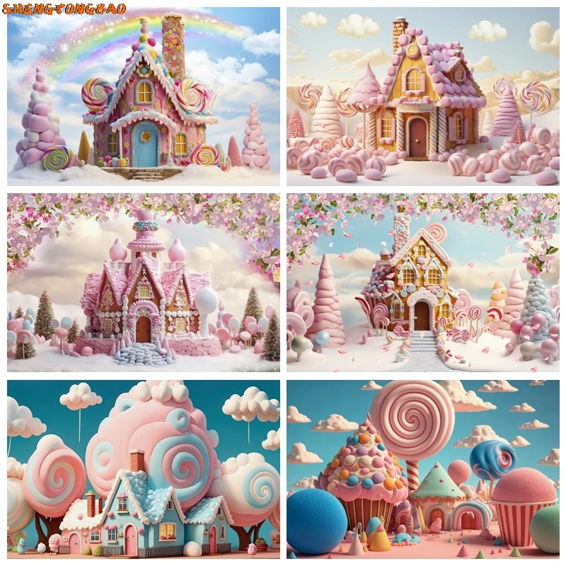 

Candy World Backdrop Sweet Candyland Castle Lollipop House Baby Birthday Cake Smash Party Portrait Background Photo Studio Props