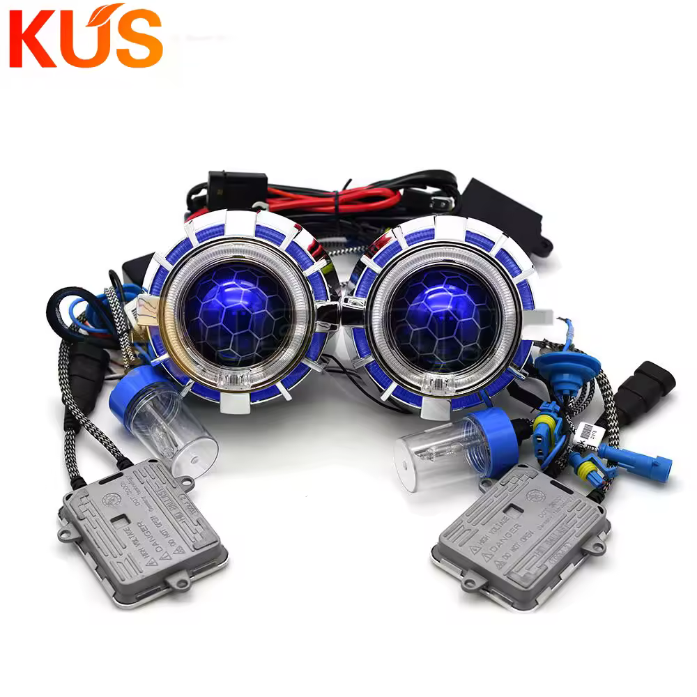 Lente de proyector Bixenón de panal de abeja de 2,5 pulgadas con LED Ojos de Ángel 55W H1 5000K Kit de Xenón Hid balasto H7 H4 modelo de coche modificado
