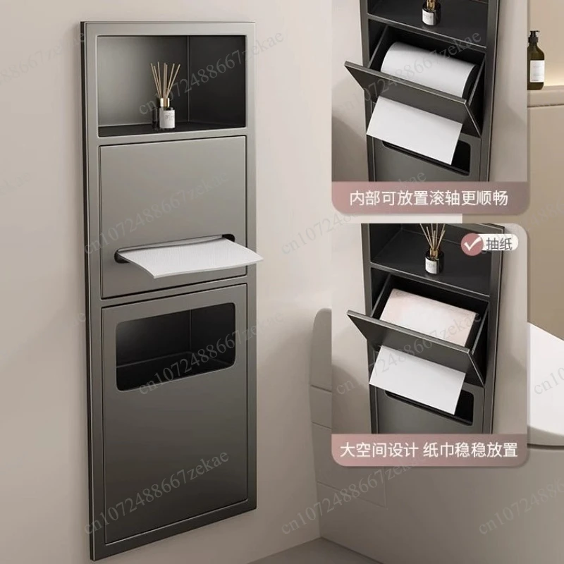 Bathroom embedded storage niche, stainless steel tissue storage trash can integrated rack