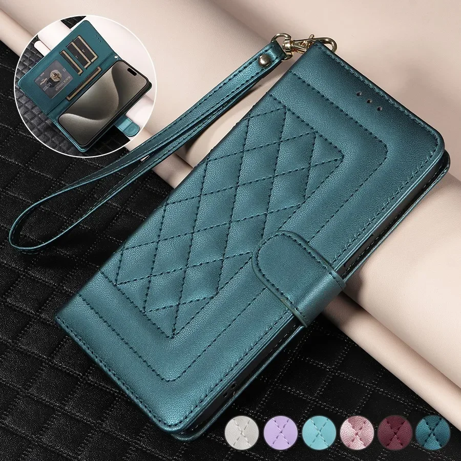 

Luxury Rhombus Wristband Wallet Case for Samsung S24 Ultra S24 Plus S23 S22 S21 S20 S10 S9 Note 20 10 Photo Frame Flip Cover