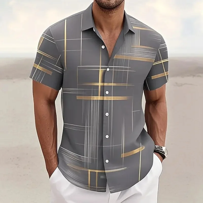 Amazon New 3D Geometric Grid Printed Men's Shirt Flax Short Sleeve Shirt  Fashion Casual Outdoor Vacation Streetwear Top S-5XL