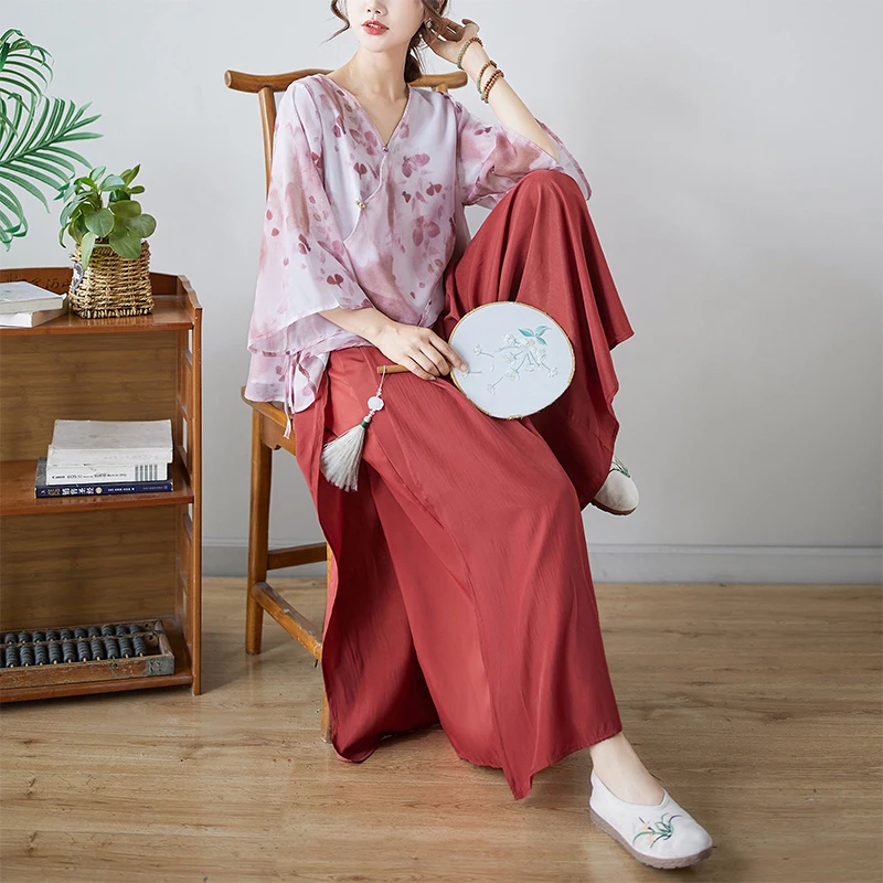 

New Chinese Ethnic Sle Printed irt Women's Summer Han Su Modified National Wind Wide Leg Skirt Pants Set V-ne Nine-poin...