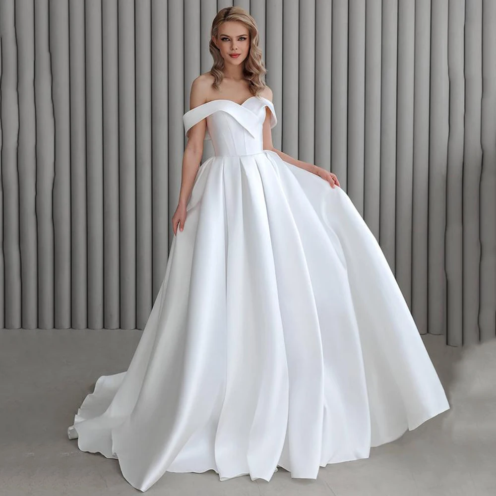 فساتين الزفاف الحديثة Vestido De Noiva مخصصة الخامس الرقبة قبالة الكتف ثنيات ألف خط قطار الاجتياح مشد فساتين الزفاف #6