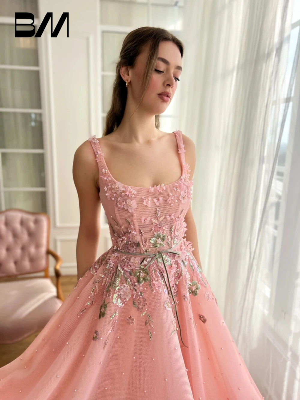 Rose Pink Evening Dress Fashion Pearls Flowers A Line Special Occasions Square Neck Customized Women Party Prom Gown Zipper Back