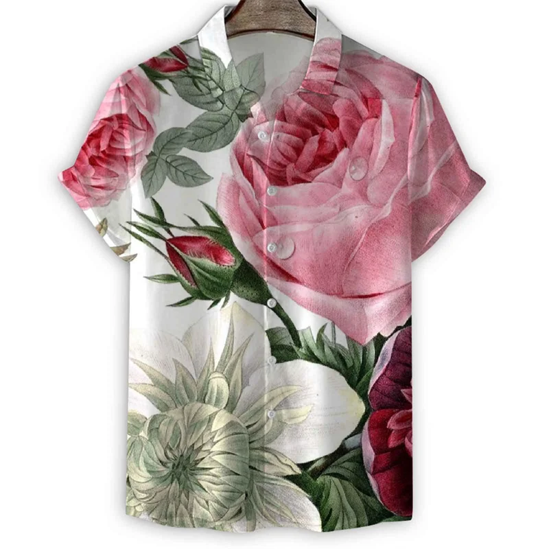 

Fashion 3d Print Flower Lapel Shirt Men Summer Short Sleeves Floral Hawaiian Shirts Cool Street Button Loose Blouse Tops Clothes