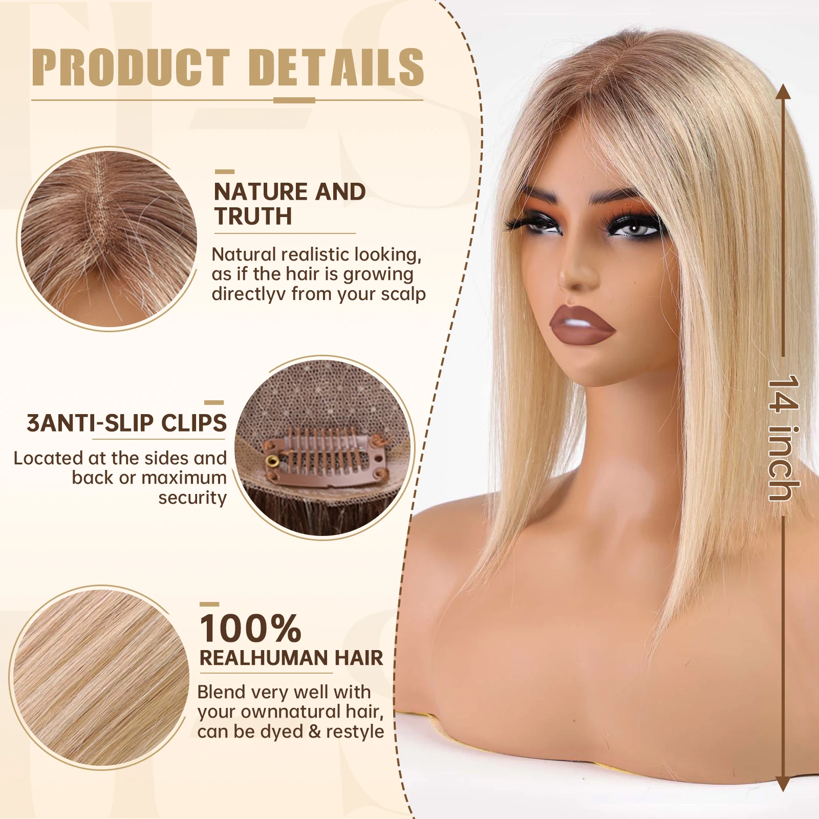 14 Inch Blonde to Brown Ombre 100% Human Hair Toppers with Dark Root Middle Part Lace Base Clip In Hairpiece Remy Extensions