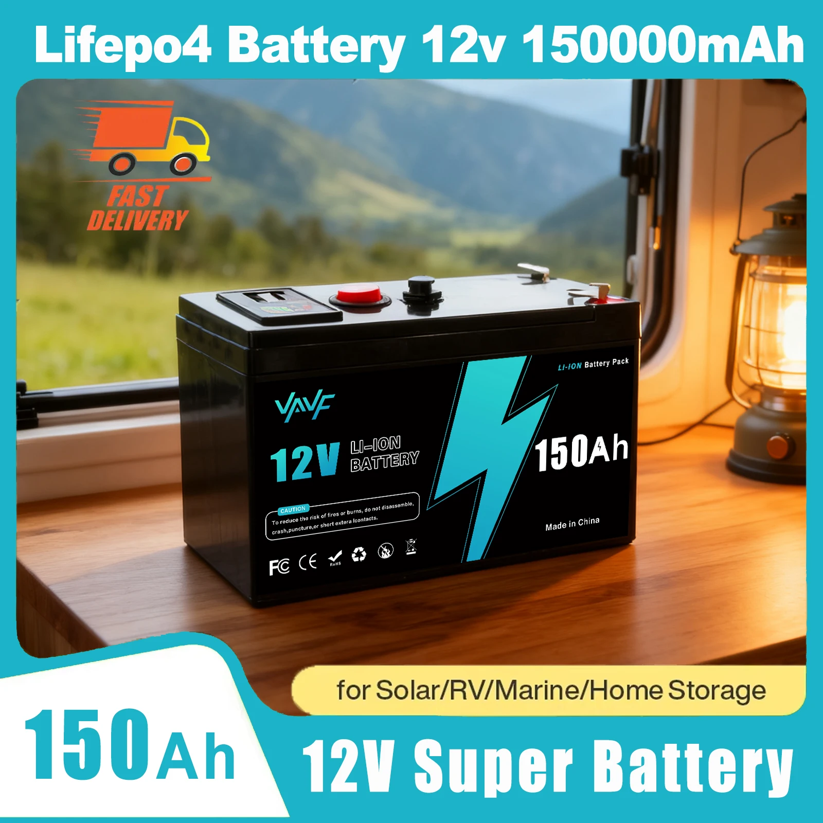 

12V 18650 Lithium Battery 150Ah LiFePO4 4000+ Deep Cycles Built-in BMS,for UPS, Kayak Fish Finder, Solar Panel,Power Wheels