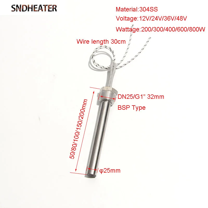 SNDHEATER DN25/32mm Threaded Mold Mounting Electric Heating Rod 25x50-200mm 12V/24V/36V/48V 200-800W 304SS Fast Heating Tube 1pc