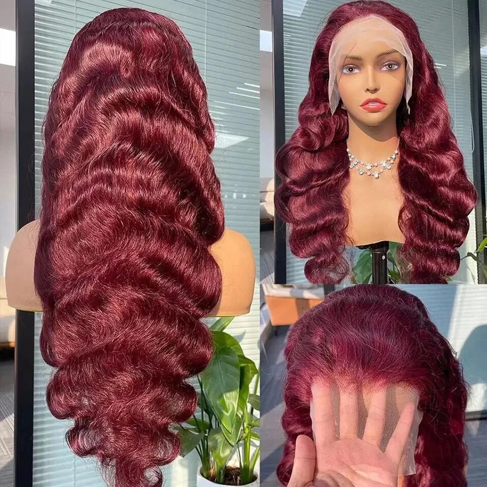 99j borgonha cor onda do corpo peruca dianteira do laço cabelo humano 210% 13x6 longo ondulado onda peruca dianteira do laço cabelo humano pré arrancado para mulher