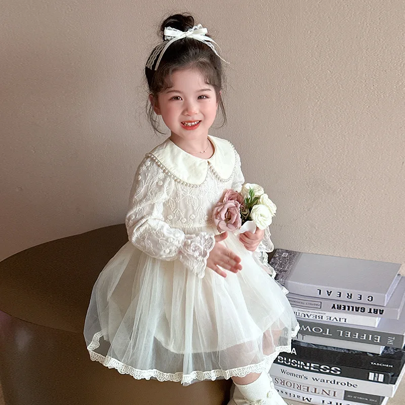 

Girls Doll Collar Lace Dress Fashionable Spring and Autumn Style Children's Mesh Princess Dress Long Sleeve Baby Spring Outfit