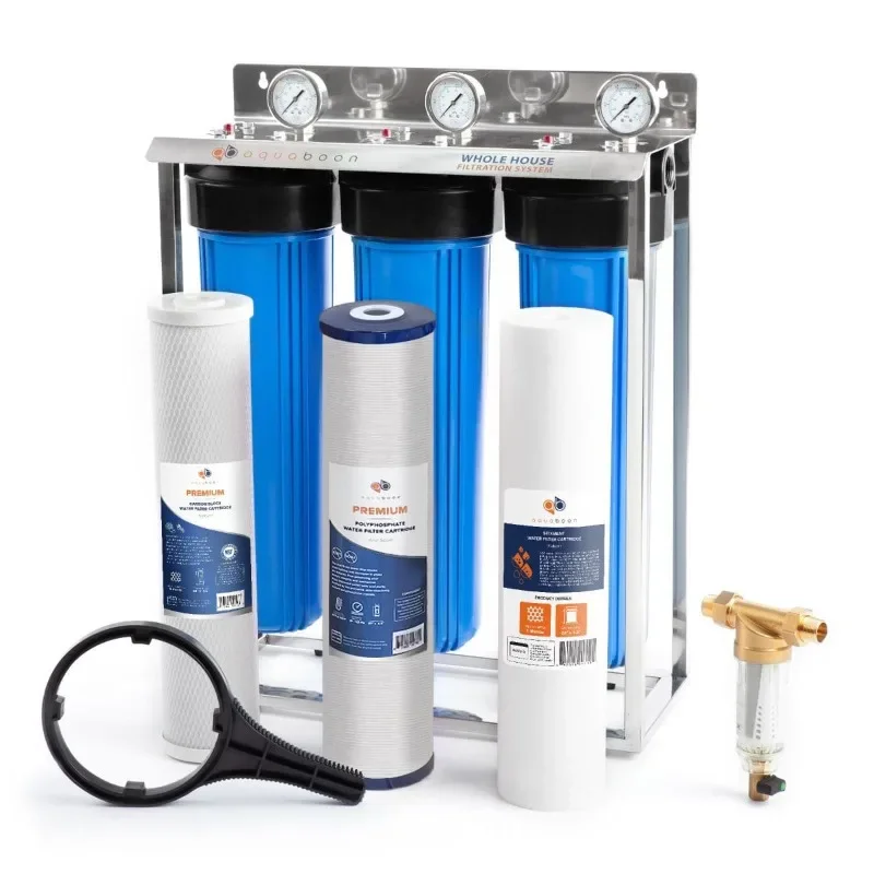 Aquaboon 3 Stage Water Filter System 20x4.5 inch with Prefilter & CTO, Anti-Scale, Sediment Filters, Gauge & Release, Wrench