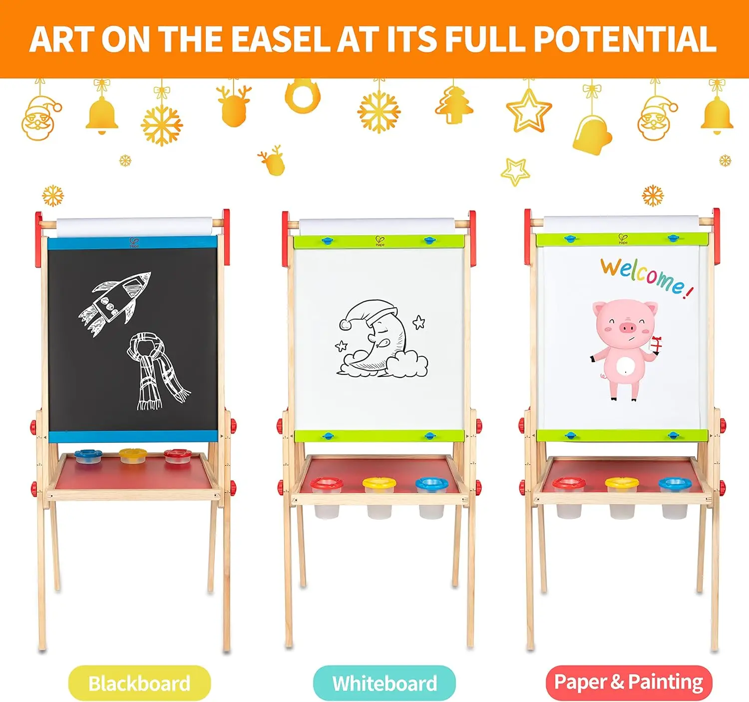 Adjustable Kids Drawing Easel with Chalkboard, Whiteboard & Paper Roll - Includes 3 Paint Pots