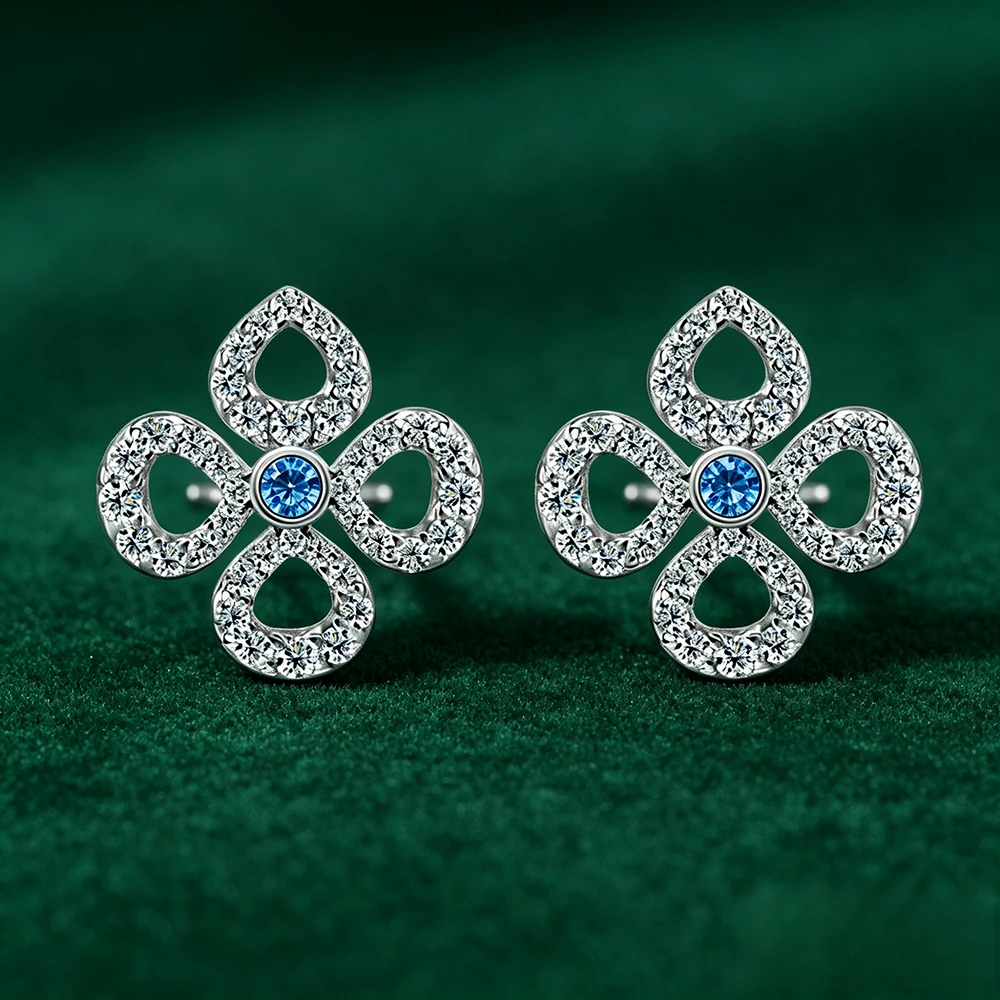 

Flower All Moissanite Stud Earrings For Women Blue Diamond Round Cut Sparkling Girls Jewelry Pure 925 Silver Plated 18k Party