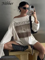 Nibber Casual Loose Pullover T-Shirt Women Autumn Trend Skew Collar Full Sleeve Graphics Print Casual Comfort Wild Daily Tees