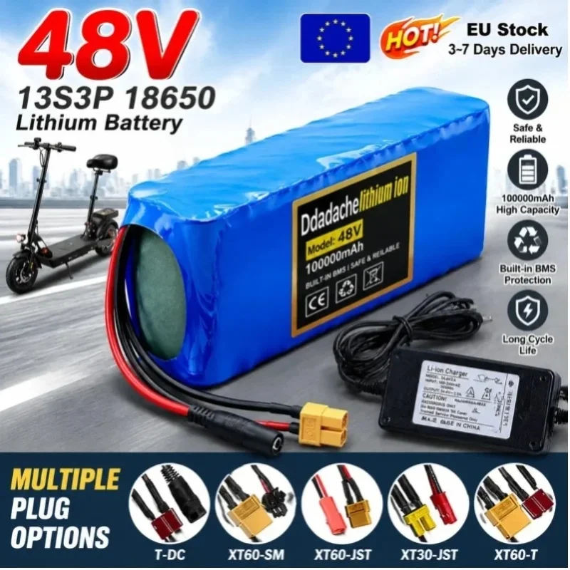 48V 100Ah 13S3P 18650 Lithium-Ionen-Akku, wiederaufladbarer 2000W E-Bike-Akku mit hoher Kapazität, integriertes BMS für 54,6V Elektroroller mit 54,6V Ladegerät, Ersatz-Backup-Akku