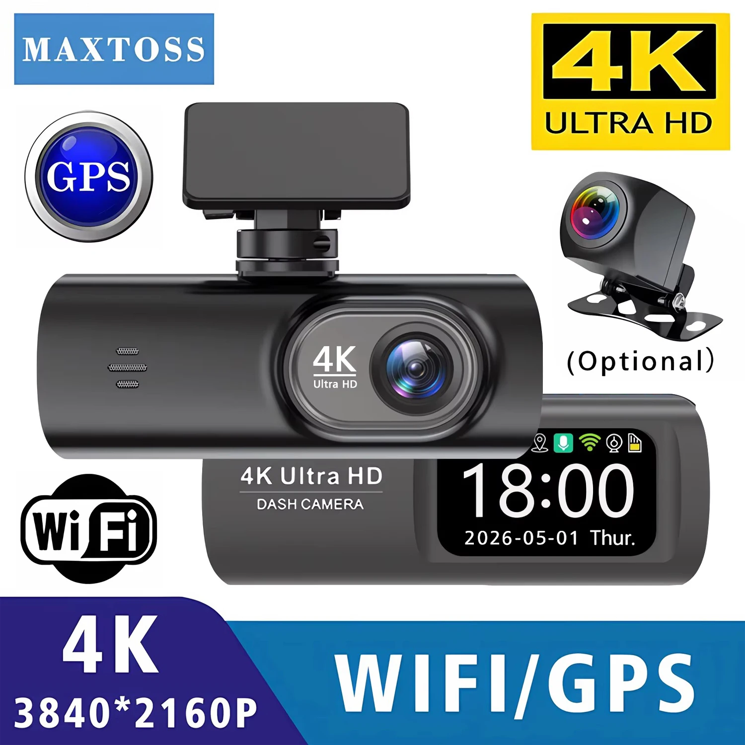 Dashcam für Autos 4K UHD-Aufnahme Front- und Rückkamera HDR Nachtsichtrekorder Eingebautes WLAN 24-Stunden-Parkmodus APP-Monitor