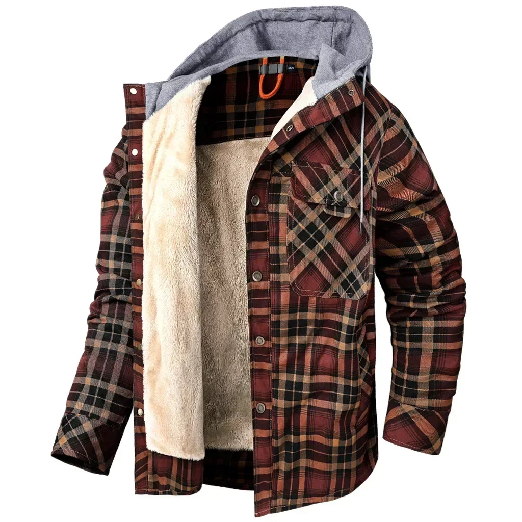 Winter Large Size Men's Shirt Jacket Cotton Coat  Men Long-sleeved Plush Thickened Keep Warm Hooded Plaid Shirts US Size 2XL
