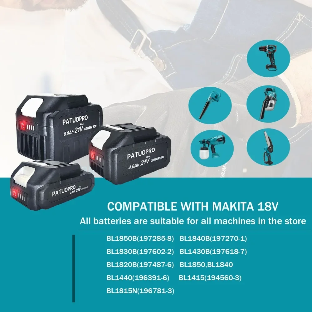 PATUOPRO 18–21 V 2,0 4,0 6,0 8,0 Ah wiederaufladbare Lithium-Batterie, passend für Makita 18 V Akku-Sägenschlüssel, Bohrer, Winkelschleifer, Gebläse