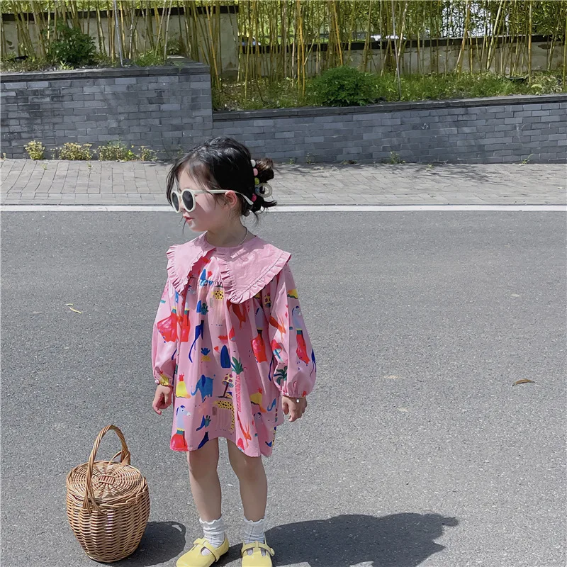 2024 Spring New Korean Children\'s Wear Girl\'s Fragmented Flower Flip Collar Long sleeved Lantern Sleeves Princess Dress